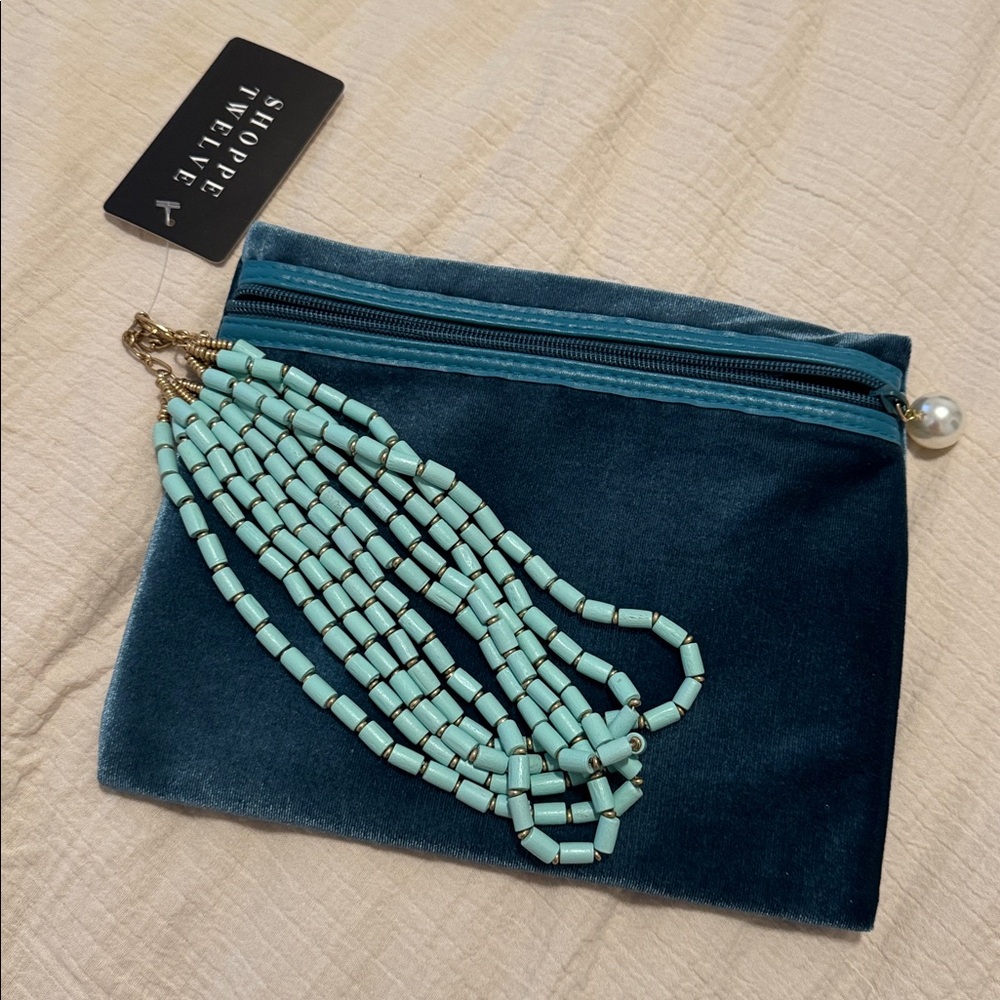 Turquoise Beaded Statement Necklace with Velvet zipper bag